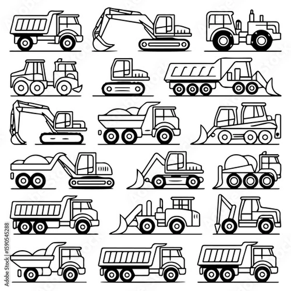 Fototapeta Collection of stylized black and white line art illustrations of various construction vehicles and heavy machinery for work