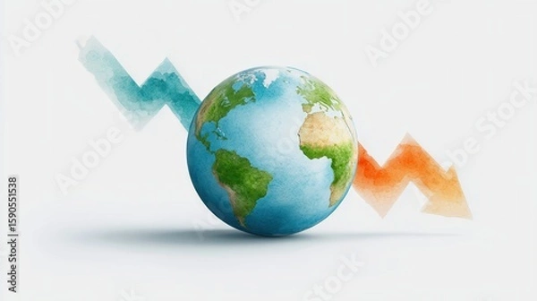 Fototapeta Concepts on economic trends, risks and recessions. A globe with a blue upward arrow on the left and an orange downward arrow on the right, symbolizing global economic growth and decline.