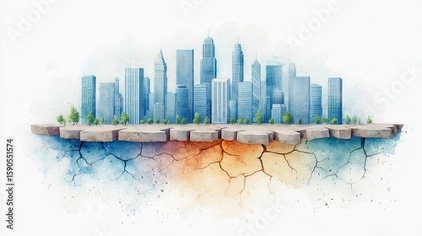 Fototapeta A watercolor-style cityscape with modern skyscrapers standing on a cracked, floating landmass, symbolizing urban fragility and environmental challenges.