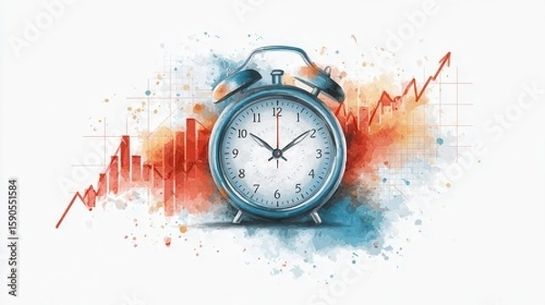 Fototapeta Concepts on economic trends, risks and recessions. An alarm clock is centered against a background of colorful bar and line graphs, symbolizing the relationship between time and financial.