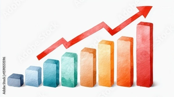 Fototapeta Concepts on economic trends, risks and recessions. A colorful 3D bar graph with increasing heights and a red upward arrow indicating growth or progress.