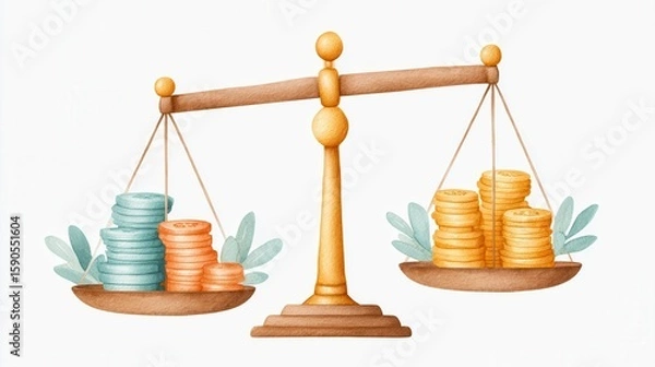 Fototapeta Concepts on economic trends, risks and recessions. A wooden balance scale comparing two stacks of coins, one silver and copper, the other gold, symbolizing value comparison or financial balance.