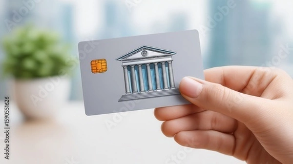 Fototapeta Concepts on economic trends, risks and recessions. A hand holds a bank card featuring a classical bank building icon, symbolizing finance and digital banking.