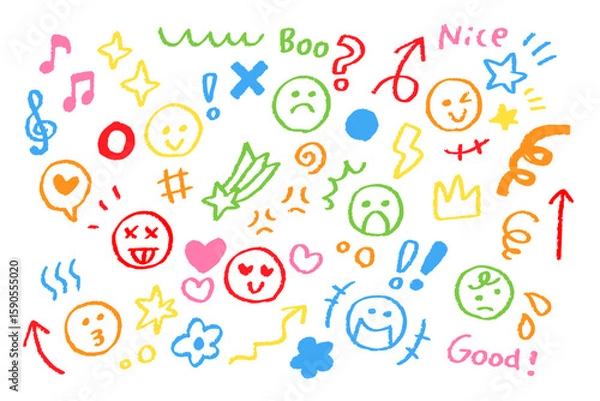 Fototapeta カラフル手描き感情アイコンセット – クレヨンタッチの表情と記号素材