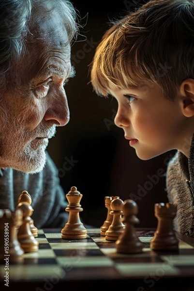 Fototapeta Grandfather and grandson face each other across a chessboard, the movement of the pieces and the glimmers of wisdom under the light reflect intergenerational communication