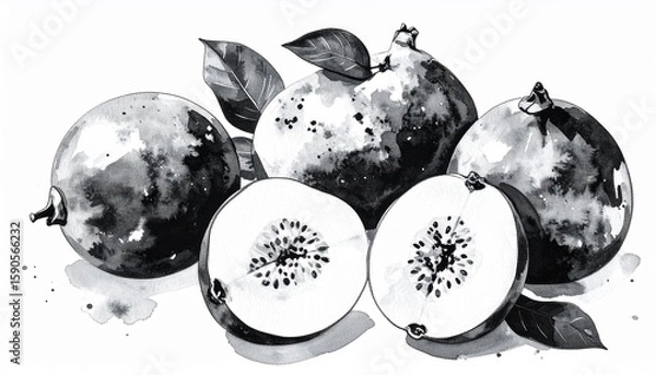 Fototapeta 白黒墨絵のグアバと断面の構図