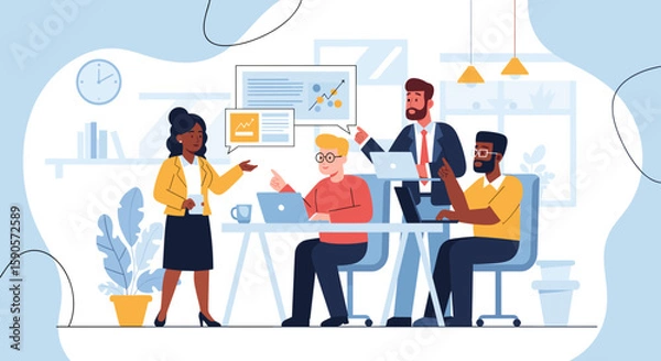 Obraz Diverse team collaborating on project, ideal for website banners, presentations, or social media posts illustrating teamwork and success.