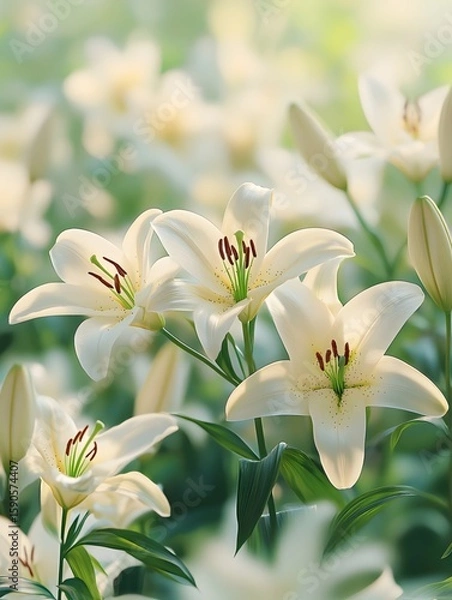 Fototapeta A field of lilies, with the flowers gently swaying in the breeze