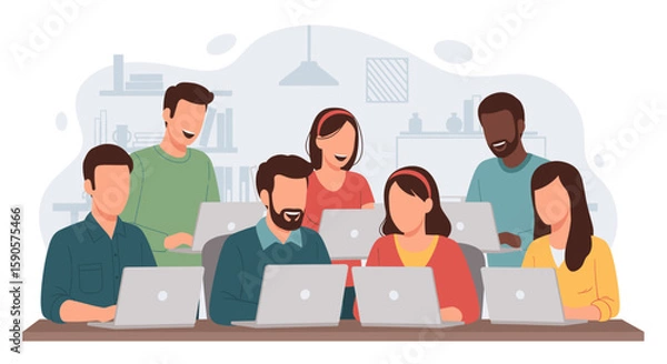 Fototapeta Diverse team collaborating on laptops, perfect for website banners, blog posts, or presentations about teamwork and technology.