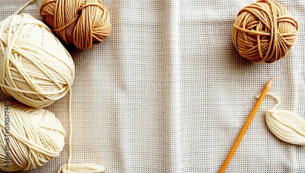 Fototapeta vory and Beige Yarn Composition on Cotton Fabric – Light and Airy Craft Background with Clean Layout and Empty Space for Text or Design