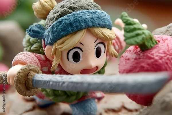 Fototapeta Close Up of a Toy Figure Holding a Sword in a Playful Pose