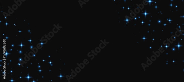 Fototapeta Blue sparkling stars background, shiny particles light effect, flying stardust texture, abstract twinkle backdrop. Vector illustration.