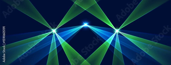 Fototapeta Laser rays or beams, glowing neon lines, bright futuristic background. Motion or speed light effect. Concert or nightclub spotlights. Vector illustration.