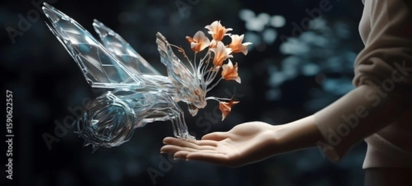 Fototapeta A liger wings , a small creature made of glass that is sitting in the palm of your hand,ai generative