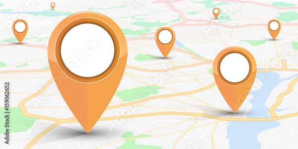 Fototapeta Pin nawigatora GPS makieta koloru pomarańczowego na mapie ulic miasta