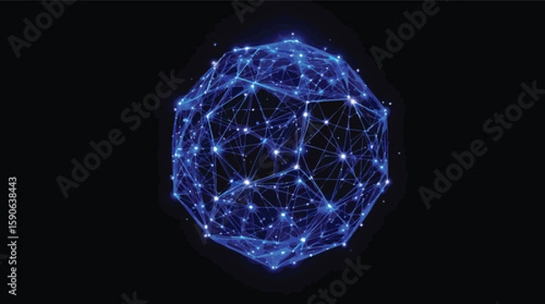 Fototapeta Abstract blue digital sphere representing connected network or data flow on black background.