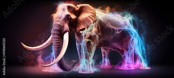 Fototapeta a light mammoth skeleton , coming out of the smoke,ai generative
