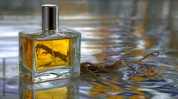 Fototapeta Glass bottle of amber liquid with a decorative charm resting on a reflective surface showcasing intricate patterns and colors