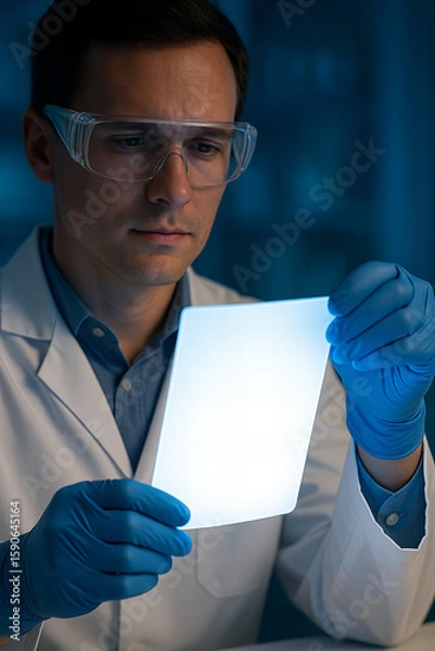 Fototapeta Scientist examines glowing sample in laboratory at night with focused attention and safety gear