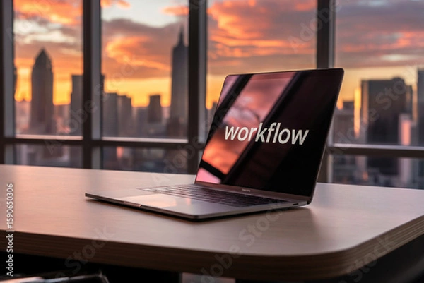 Fototapeta A MacBook laptop sits on a wooden desk in front of floor-to-ceiling windows overlooking a city skyline at sunset. 