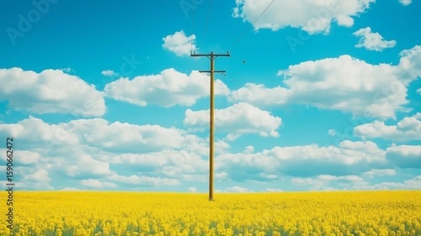 Fototapeta Single Yellow Utility Pole in a Field of Yellow Canola Flowers Under a Blue Sky