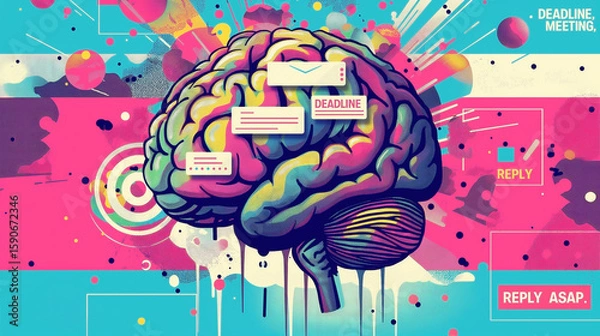 Fototapeta A stylized, multi-colored human brain rendered in a bold, graphic pop-art style with text snippets reading “DEADLINE,” “MEETING,” “REPLY,” and “REPLY ASAP,” - Generative AI