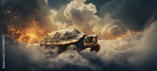 Fototapeta a light turtle , coming out of the smoke,ai generative