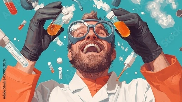 Fototapeta A Frenzied Scientist Grasping a Hazardous Substance in a Dimly Lit Laboratory at Midnight, Creating an Atmosphere of Urgency and Fear