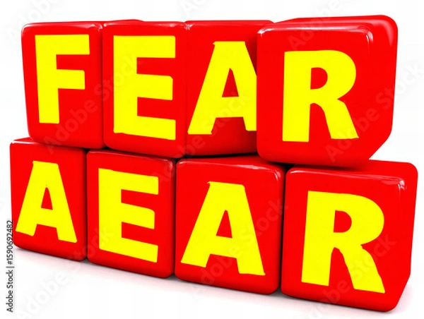 Fototapeta Colorful blocks spell the word fear in a playful arrangement on a bright background in an indoor setting