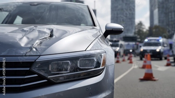 Fototapeta Close-up of silver car with hood and headlights damaged after accident, parked on urban street near traffic cones and emergency vehicles, highlighting wreckage under natural daylight conditions