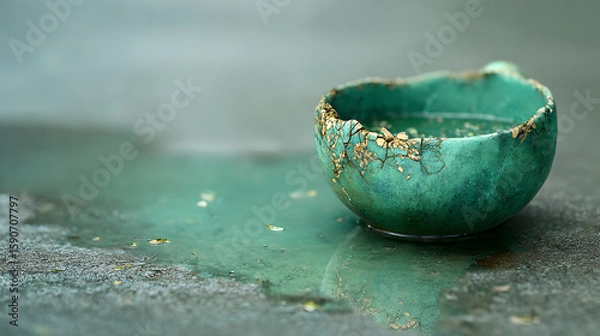 Fototapeta A broken, green ceramic teacup with golden cracks rests in a shallow puddle on a dark, wet surface.
