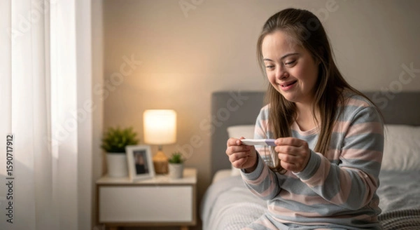 Obraz Young woman with Down syndrome smiling while looking at pregnancy test