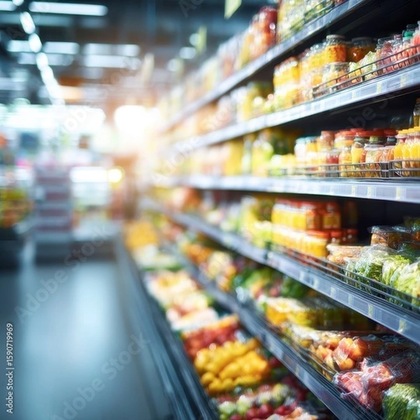 Fototapeta Grocery aisle shelves full of various produce and packaged goods