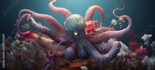 Fototapeta A Medusa vs kraken , a small creature made of glass that is sitting in the palm of your hand,ai generative