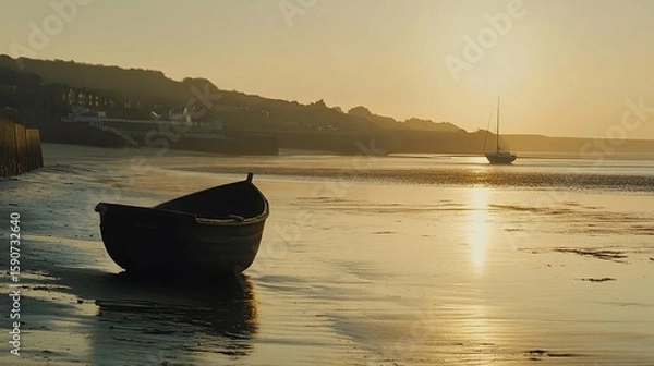 Fototapeta Golden glow on the shore: Boats resting in the warm evening light