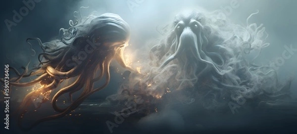 Obraz a light Medusa vs kraken , coming out of the smoke,ai generative
