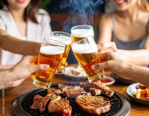 Fototapeta ステーキと乾杯で盛上がる屋外バーベキュー