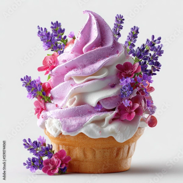 Fototapeta Soft serve ice cream with purple and white swirls decorated with
