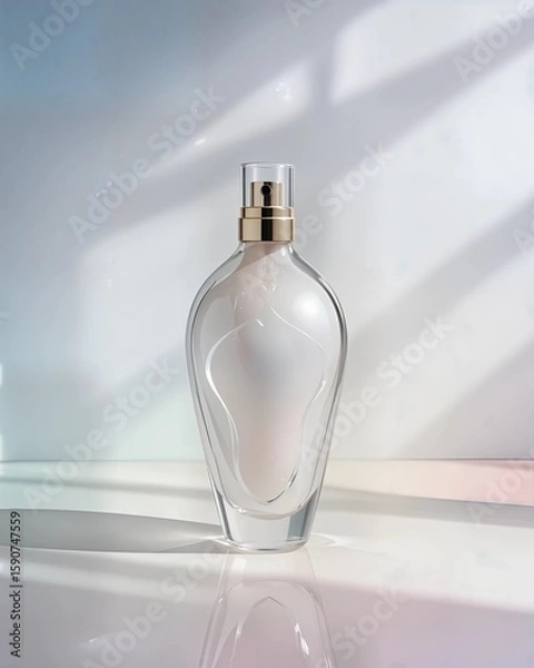 Fototapeta Create a high-fashion cosmetic mockup showcasing an elegantly designed glass bottle with a pearlescent finish. The background should feature a soothing gradient of pastel colors, with reflective surfa