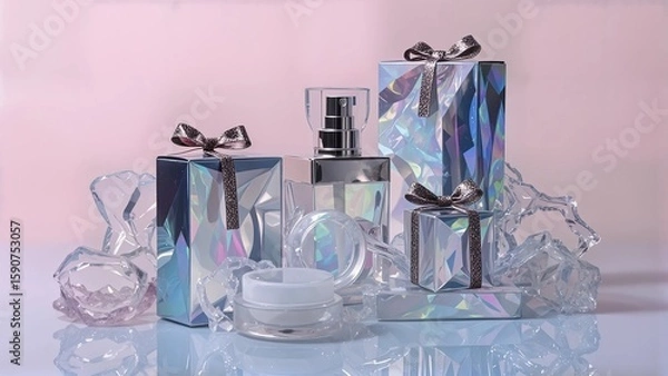 Fototapeta Create a visually striking cosmetic mockup featuring an opalescent packaging design that reflects a chromatic burst of colors. Include intricate textures and multi-dimensional elements that evoke a se