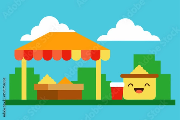 Fototapeta A vector cartoon illustration of a house with a tree, a window, and a roof in a village landscape