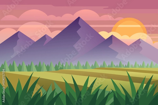 Fototapeta Summer landscape with green hills and mountains, sky with clouds, sun, and trees