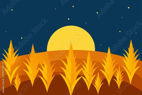Fototapeta Starry night sky over a tranquil landscape with a vibrant moon, a silhouette of a tree, and a touch of moonlight