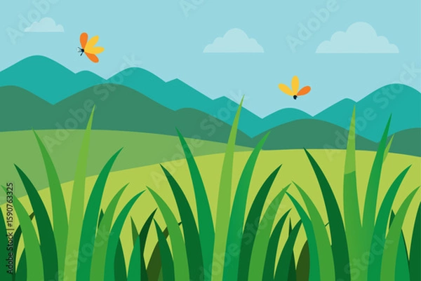 Fototapeta Vector cartoon illustration of a summer landscape with green hills, a mountain, and beautiful clouds in the blue sky