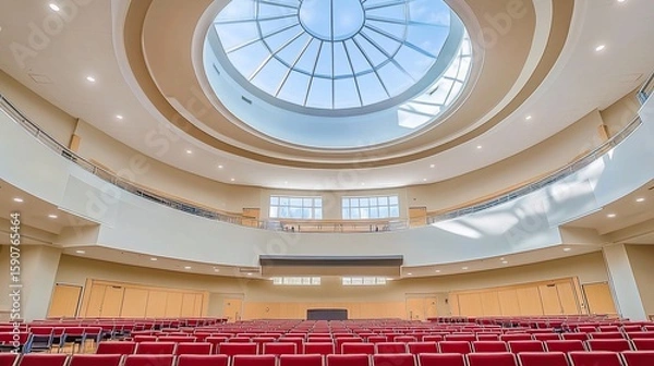 Fototapeta Expansive auditorium with domed ceiling and rows of red seating architecture