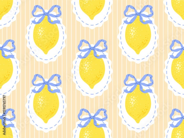 Obraz Vintage seamless pattern with lemons in whimsical frames, bows on striped background. Summer mediterranean print. Italian vacation vibe. Vector hand drawn illustration