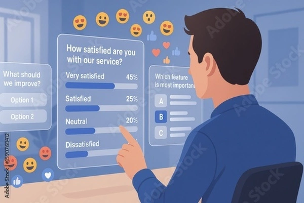 Fototapeta Man Using Customer Feedback Dashboard with Satisfaction Scores, Emoji Reactions and Feature Poll Voting Interface
