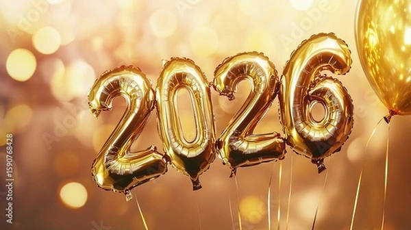 Fototapeta Golden 2026 Helium Balloons with Bokeh Background for New Year Celebrations