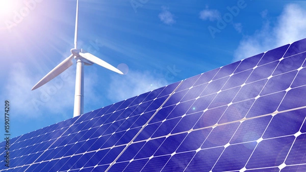 Obraz 空を背景にした風力タービンと太陽光発電パネルの再生可能エネルギー構成