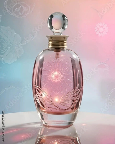 Fototapeta Create a striking cosmetic mockup showcasing an elegant glass bottle filled with a vibrant, shimmering liquid. The background should feature a soft gradient of pastel colors, with intricate art deco p